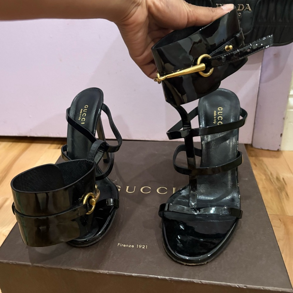Gucci Black Patent Leather Strappy Heels